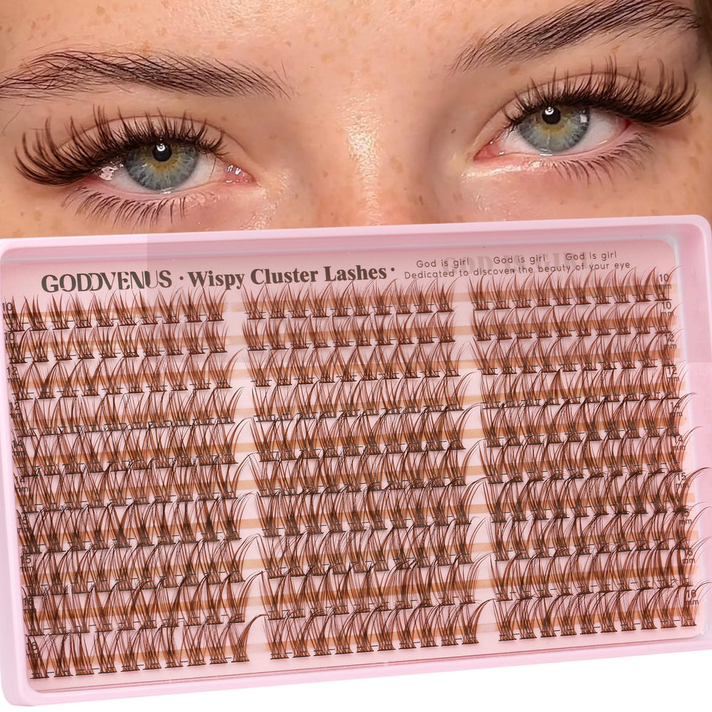 Goddvenus Brown lash clusters in soft glam, 300pc, 10-16mm for natural daily wear.