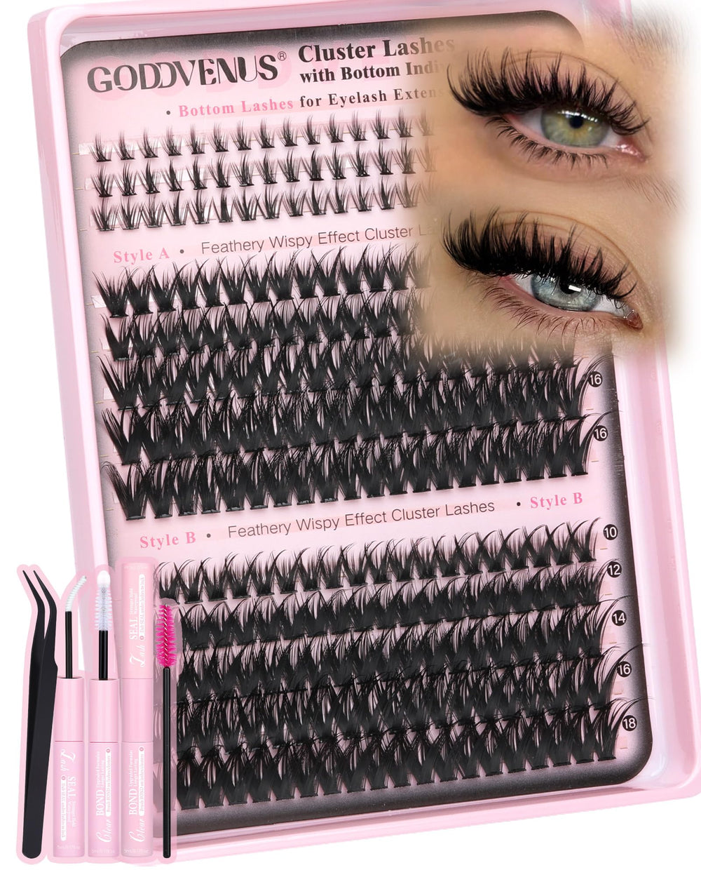 Goddvenus Wispy Lash Clusters Kit top view for a natural, wide-eyed look.