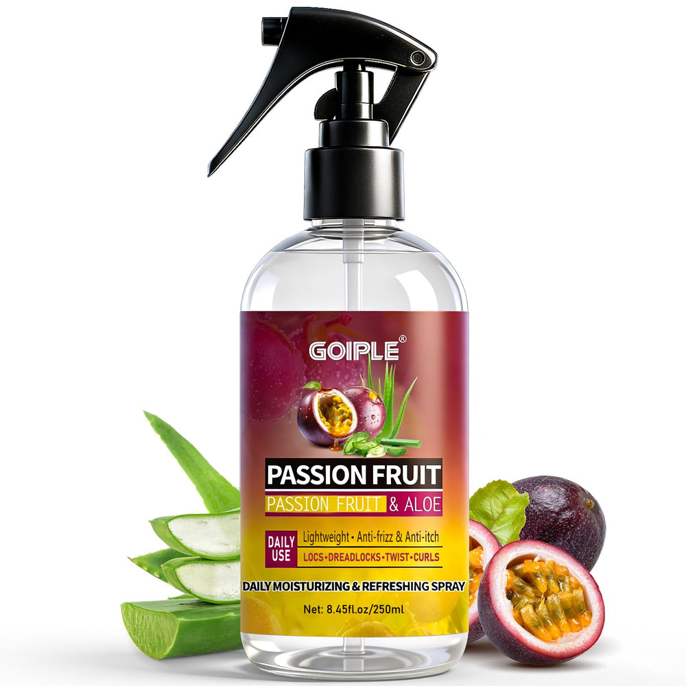 Goiple rastas hidratante en atomizador para brillo suave y aroma a fruta de la pasión.