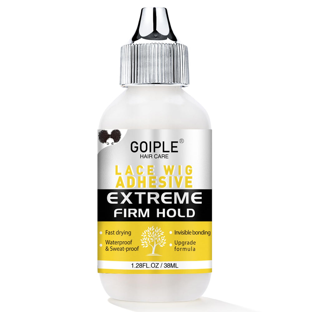 Goiple wig glue bottle close-up showing packaging and product label for strong hold
