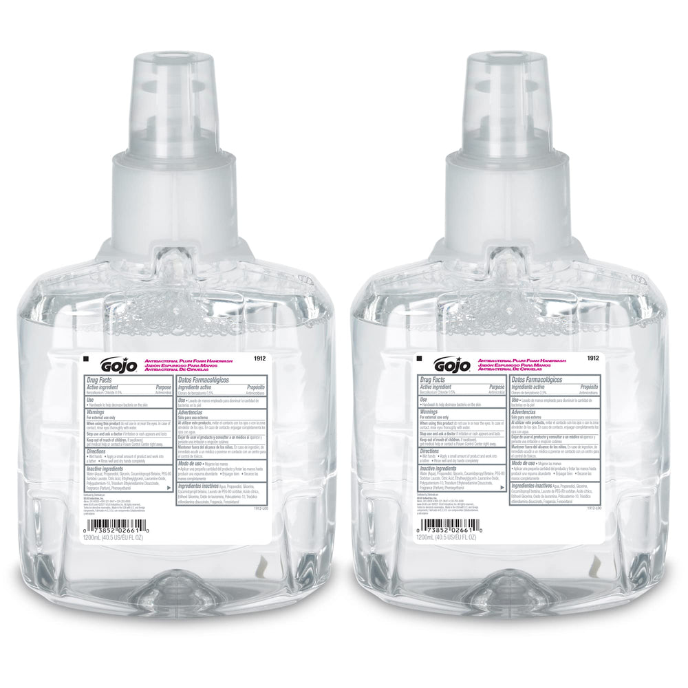 GOJO antibacterial foam handwash refill in plum fragrance, front view.
