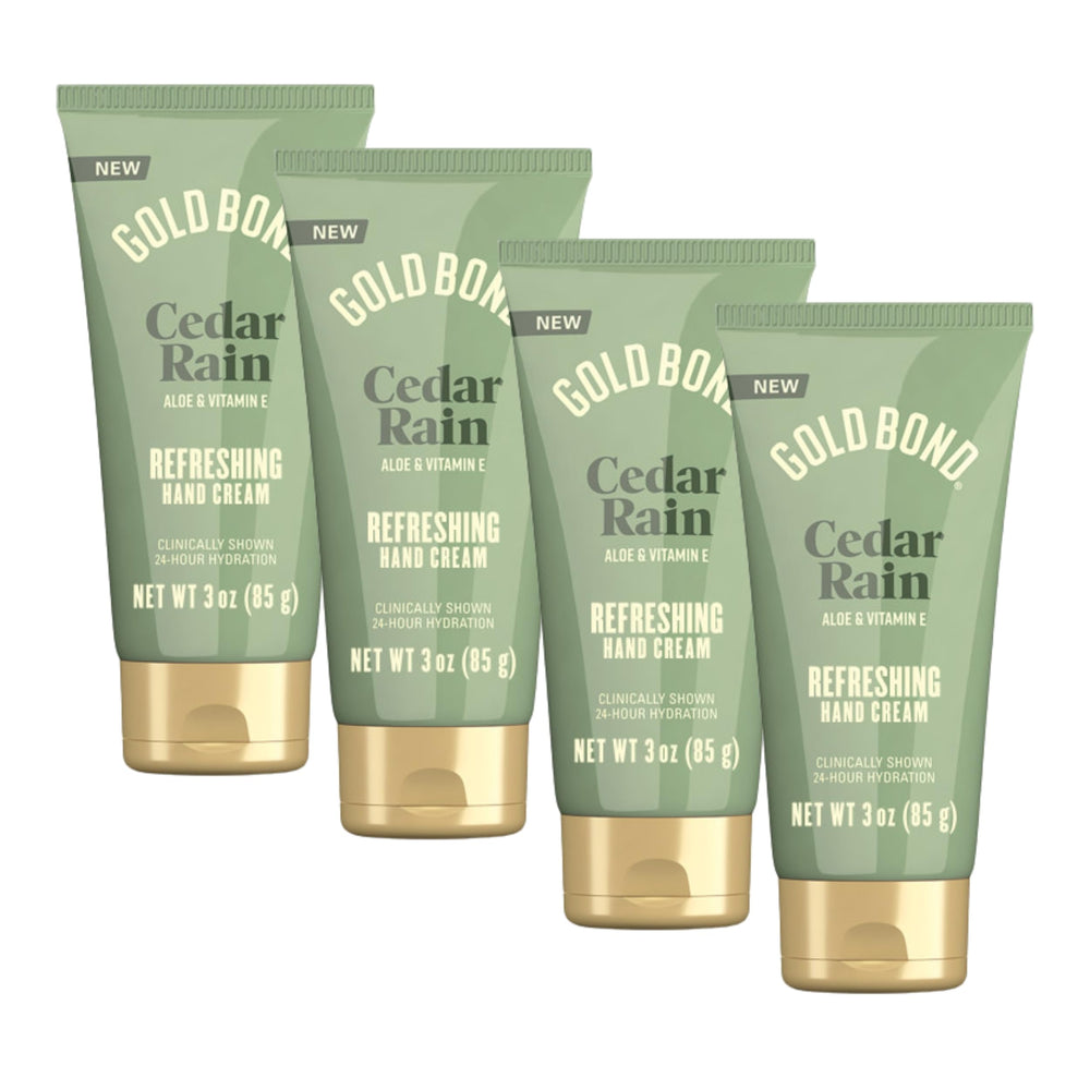 Gold Bond Cedar Rain crema manos 4-pack muestra hidratación duradera para uso diario.