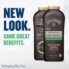 Gold Bond Essentials fragancia refrescante 360 en la etiqueta.