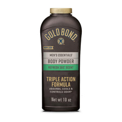Gold Bond Essentials polvo cuerpo 10 oz, botella visible para control de humedad.