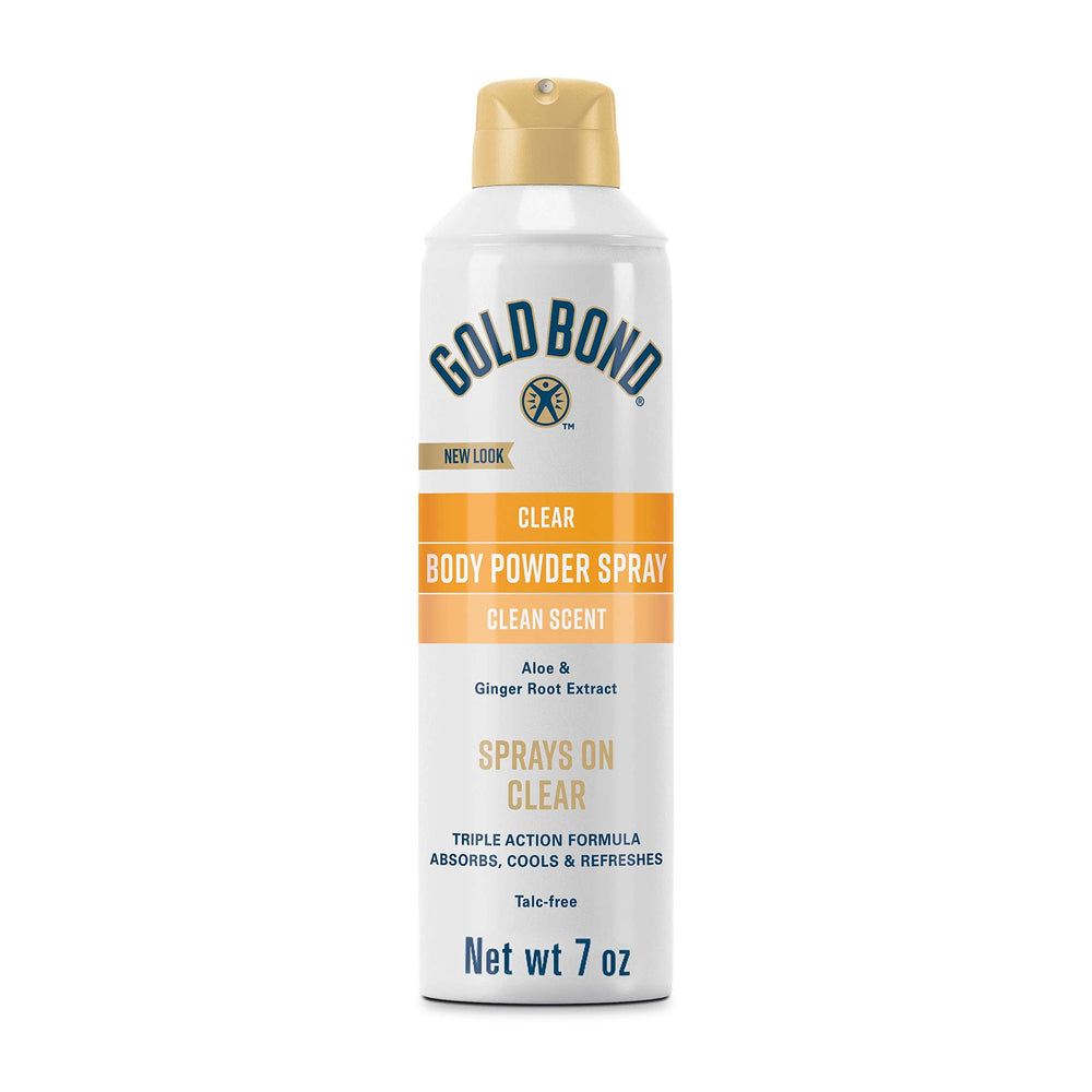 Gold Bond No Mess Clear Spray, botella de 7 oz, aplicación limpia sin residuo blanco.