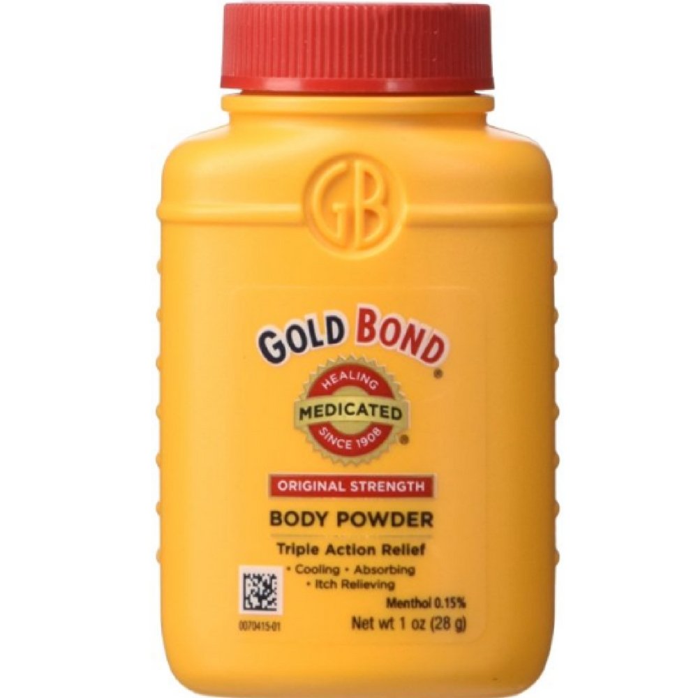 Gold Bond Talc-Free Medicated Body Powder bottles pour for quick refreshment and moisture absorption.