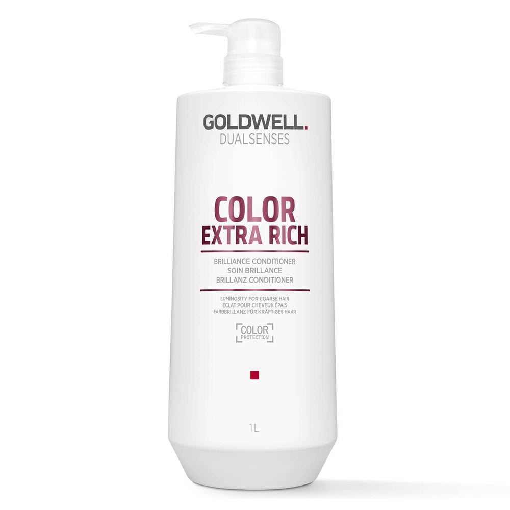 Goldwell Dualsenses Color Extra Rich Brilliance Conditioner bottle pour enhances color vibrancy