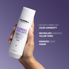 Goldwell-treated blonde hair shows luminous shine after washing