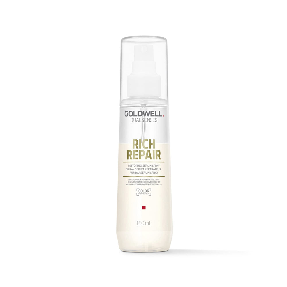 Goldwell Rich Repair Serum Spray, bote, aporta brillo suave y reparación profunda.