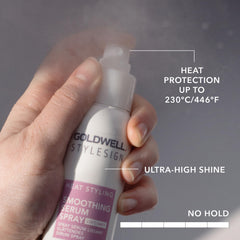 Goldwell StyleSign Smoothing Serum Spray provides heat protection up to 230°C for safe styling.