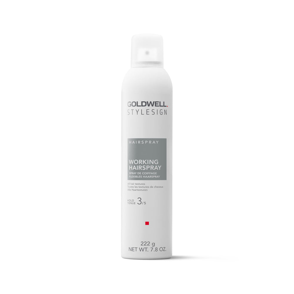 Goldwell StyleSign Working Hairspray bottle showcases flexible hold and brilliant shine.