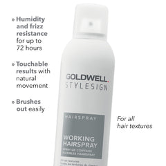 Goldwell StyleSign Working Hairspray close-up highlights smooth finish with minimized frizz.