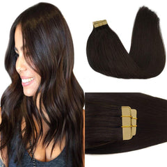 GOO GOO tape-in extensions in dark brown blending naturally for seamless length