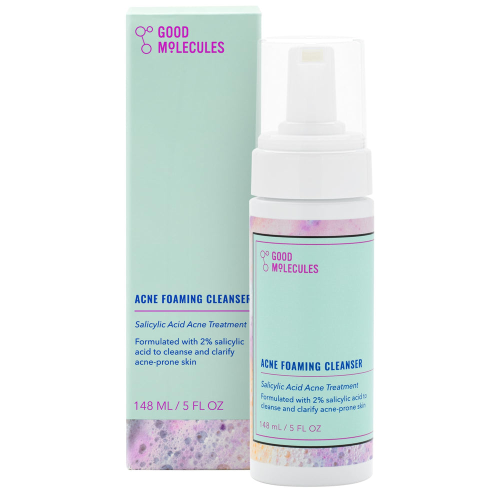 Good Molecules Acne Foaming Cleanser botella frontal para limpieza facial suave