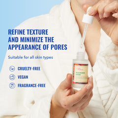 Good Molecules Niacinamide Serum label closeup highlights fragrance-free formula.