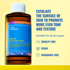Good Molecules Tónico Exfoliante Glicólico, primer plano de ingredientes para promover hidratación y claridad.
