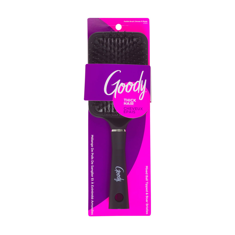 Goody Detangle It paddle brush with nylon and boar bristles for gentle knot removal.