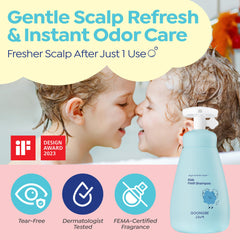GOONGBE Kids Fresh Shampoo demonstrates micellar purification lifting oil and sweat.