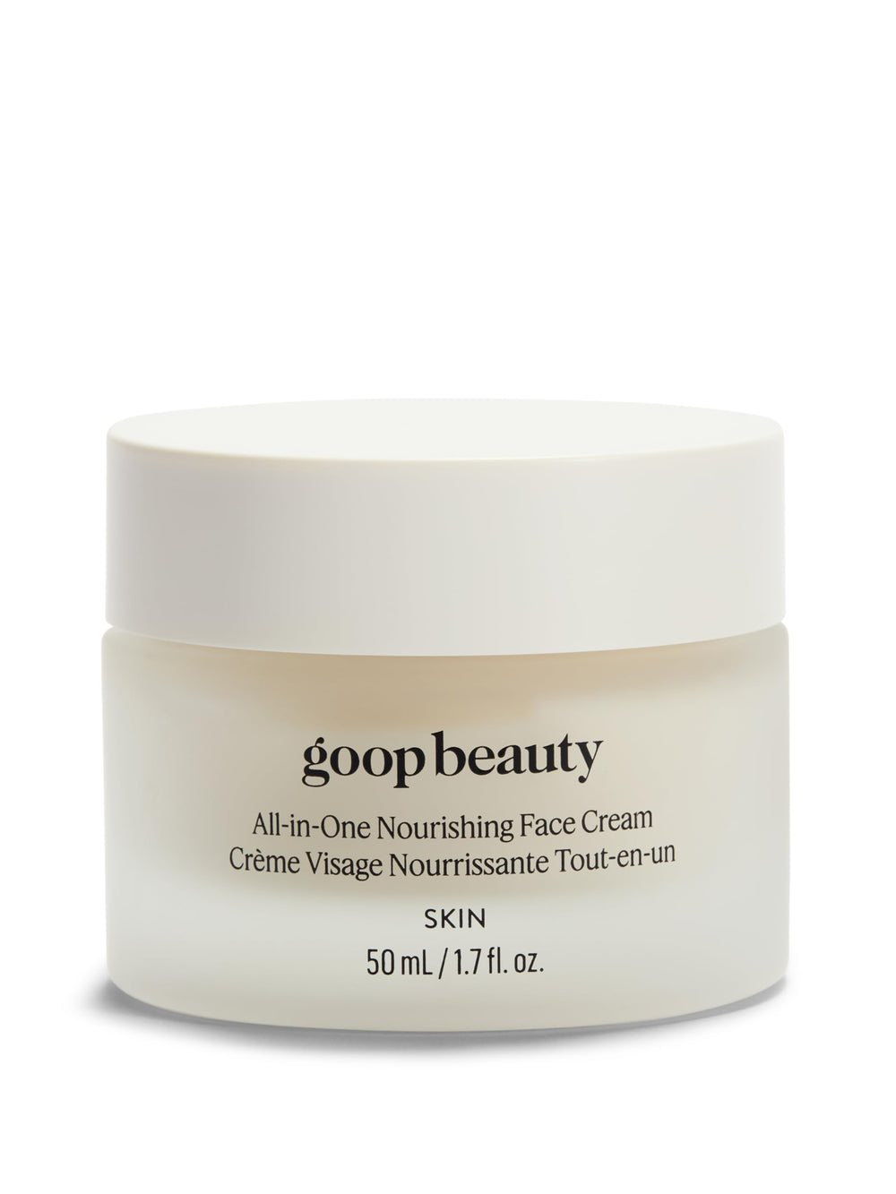 Goop Nourishing Face Cream jar close-up showing rich, creamy texture for deep hydration.