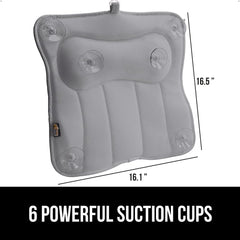 GORILLA GRIP pillow measures 16.5x16.1 inches for full-tub coverage.