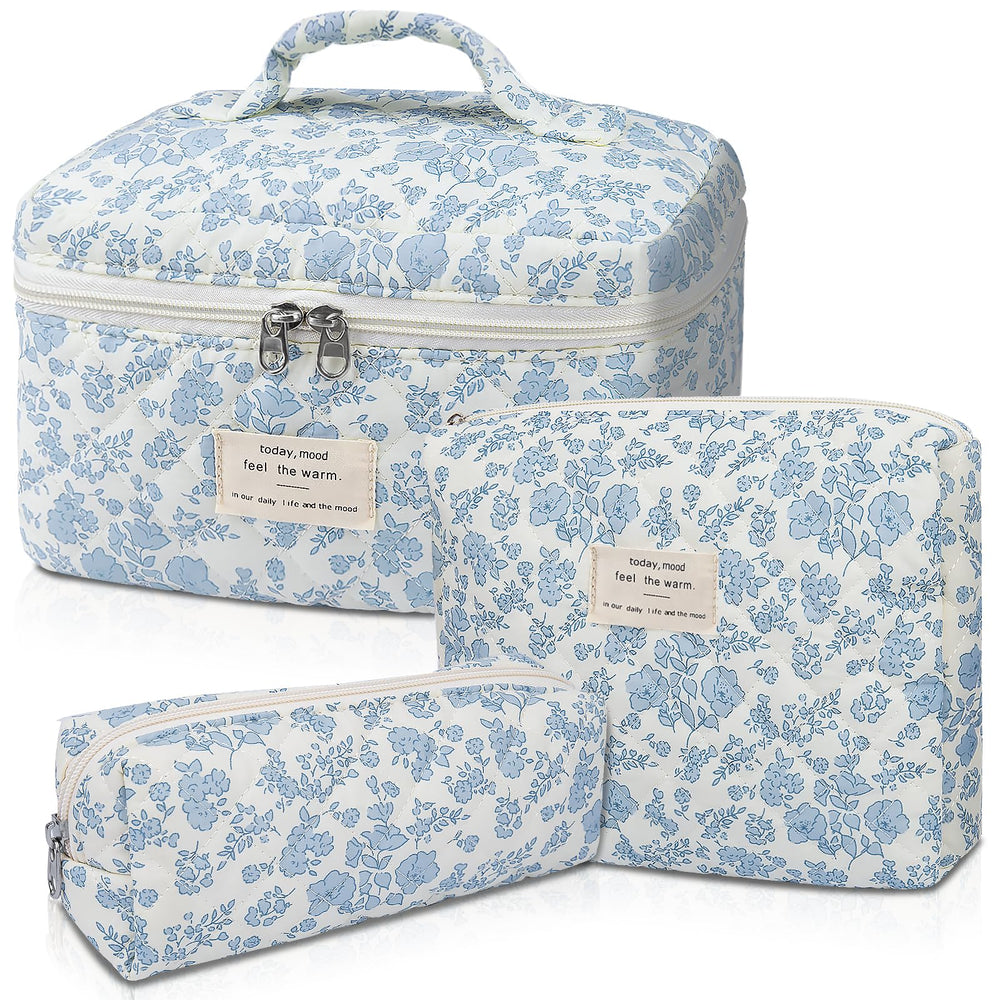 Gosect makeup bag blue flower quilted front view with spacious compartments.
