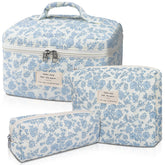 Gosect makeup bag blue flower quilted front view with spacious compartments.