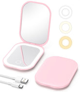 Gospire pink travel makeup mirror, compact for purse use with bright built-in light.