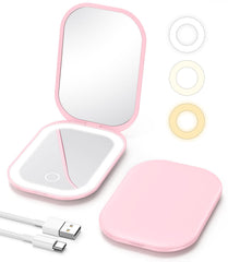 Gospire pink travel makeup mirror, compact for purse use with bright built-in light.