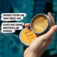 Applying Defiant Shine Pomade to dry hair creates light, glossy control.