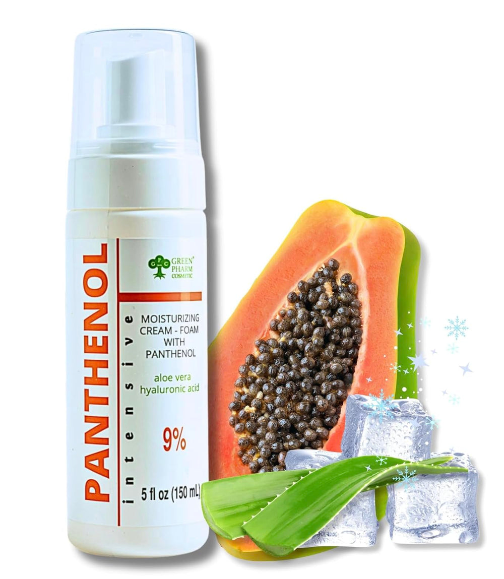 GPC Panthenol Foam bottle highlights hydrating formula for sensitive skin.