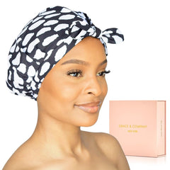 Grace & Company luxury shower cap for women in packaging highlights chic, gift-ready presentation.