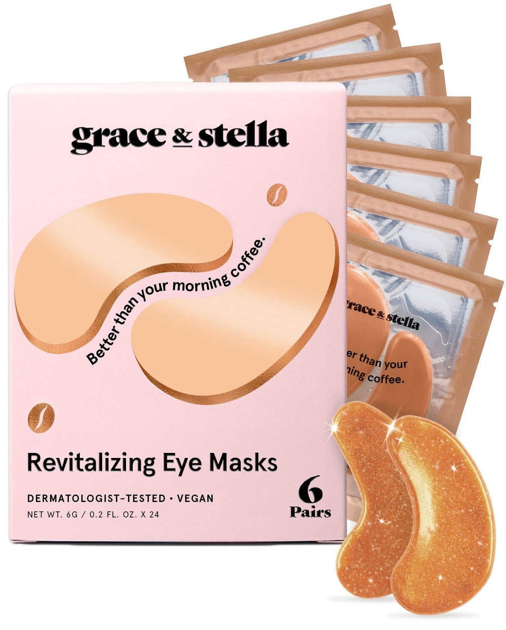 Grace & Stella caffeine under-eye patches in bronze tub for quick morning refresh and puffiness reduction.