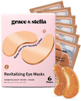 Grace & Stella caffeine under-eye patches in bronze tub for quick morning refresh and puffiness reduction.
