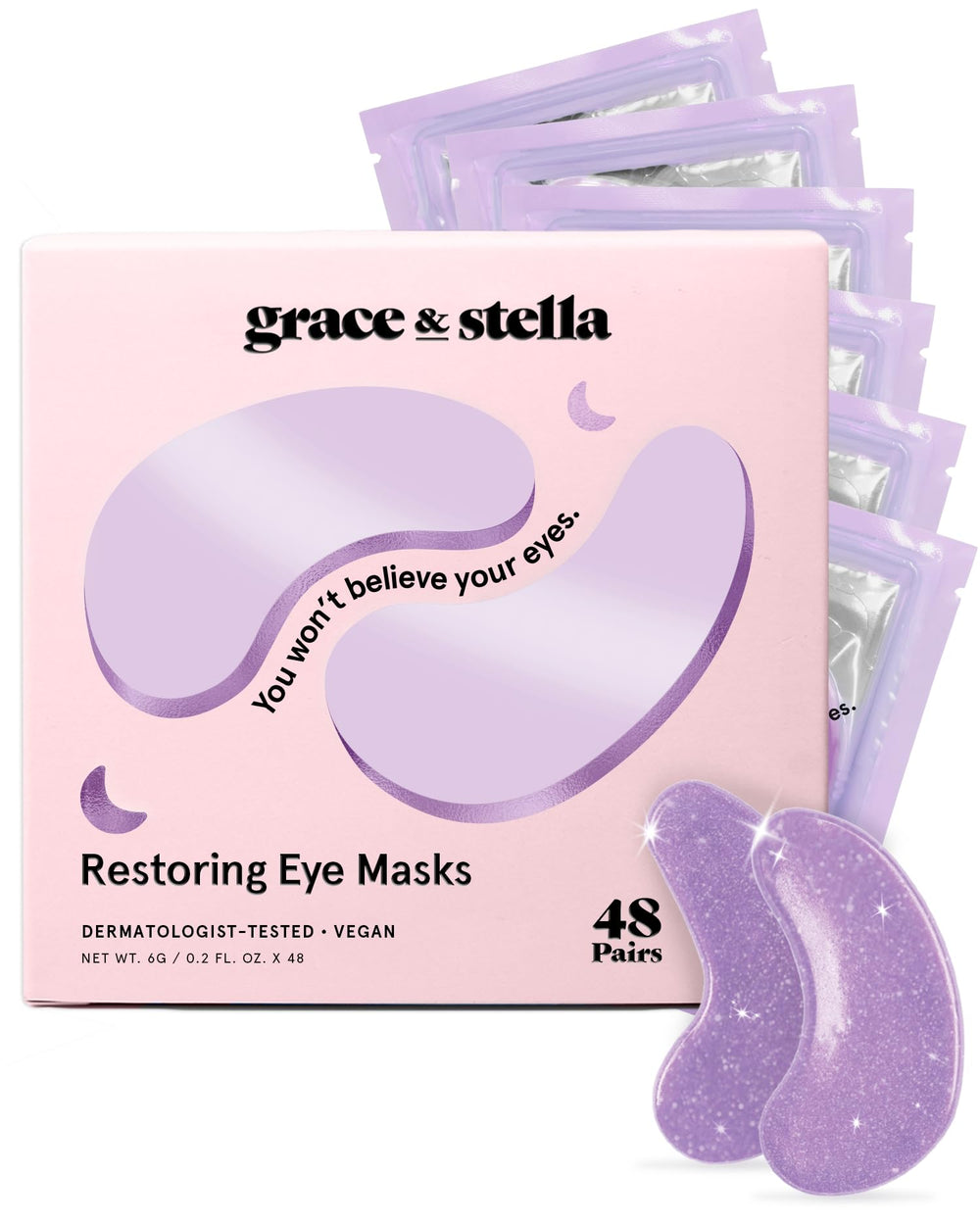 Grace & Stella Retinol Under Eye Patches packaging, vegan formula for brightening tired eyes