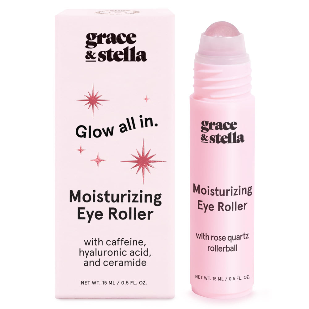 Grace & Stella rodillo de cuarzo rosa para deshinchar ojos y refrescar la piel.