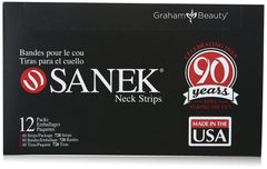 Graham Medical Sanek neck strips on a display box showing professional hygiene solution for salons