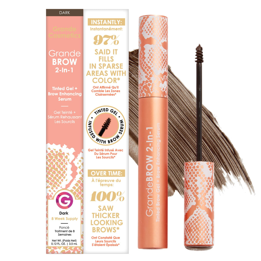 Grande Cosmetics GrandeBROW 2-in-1 tinted brow gel applies for instant color and definition.