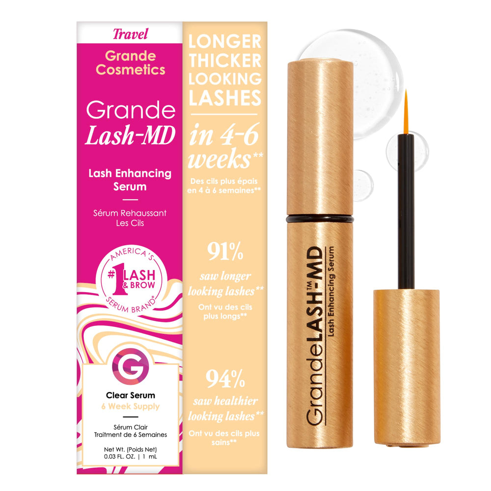 Grande Cosmetics GrandeLASH-MD bottle close-up highlighting peptide and vitamin formula for longer lashes.