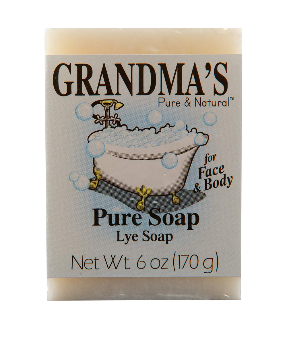 Grandma's Pure Lye Soap Bar unscented front view, ideal for sensitive skin and gentle cleansing.
