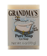 Grandma's Pure Lye Soap Bar unscented front view, ideal for sensitive skin and gentle cleansing.
