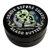 Grave Before Shave leather cedar beard butter jar closeup for smooth conditioning.