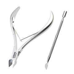 GREEN ESTETICA cuticle-nipper closeup shows a sharp edge for precise trim.