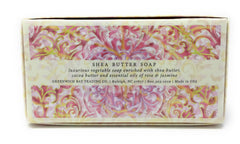 Greenwich Bay Trading Co. Shea Butter Soap Rosewater Jasmine, individually wrapped for gifting and travel.