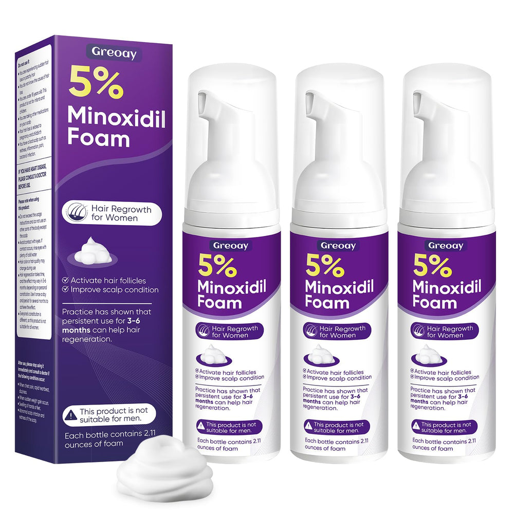 Greoay 5% minoxidil foam applied to hairline for targeted scalp support