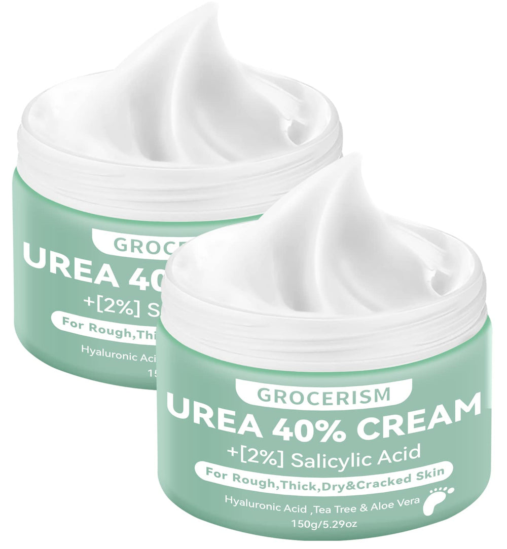 Grocerism 2-pack Urea Cream bottle close-up showing hydration for dry skin.