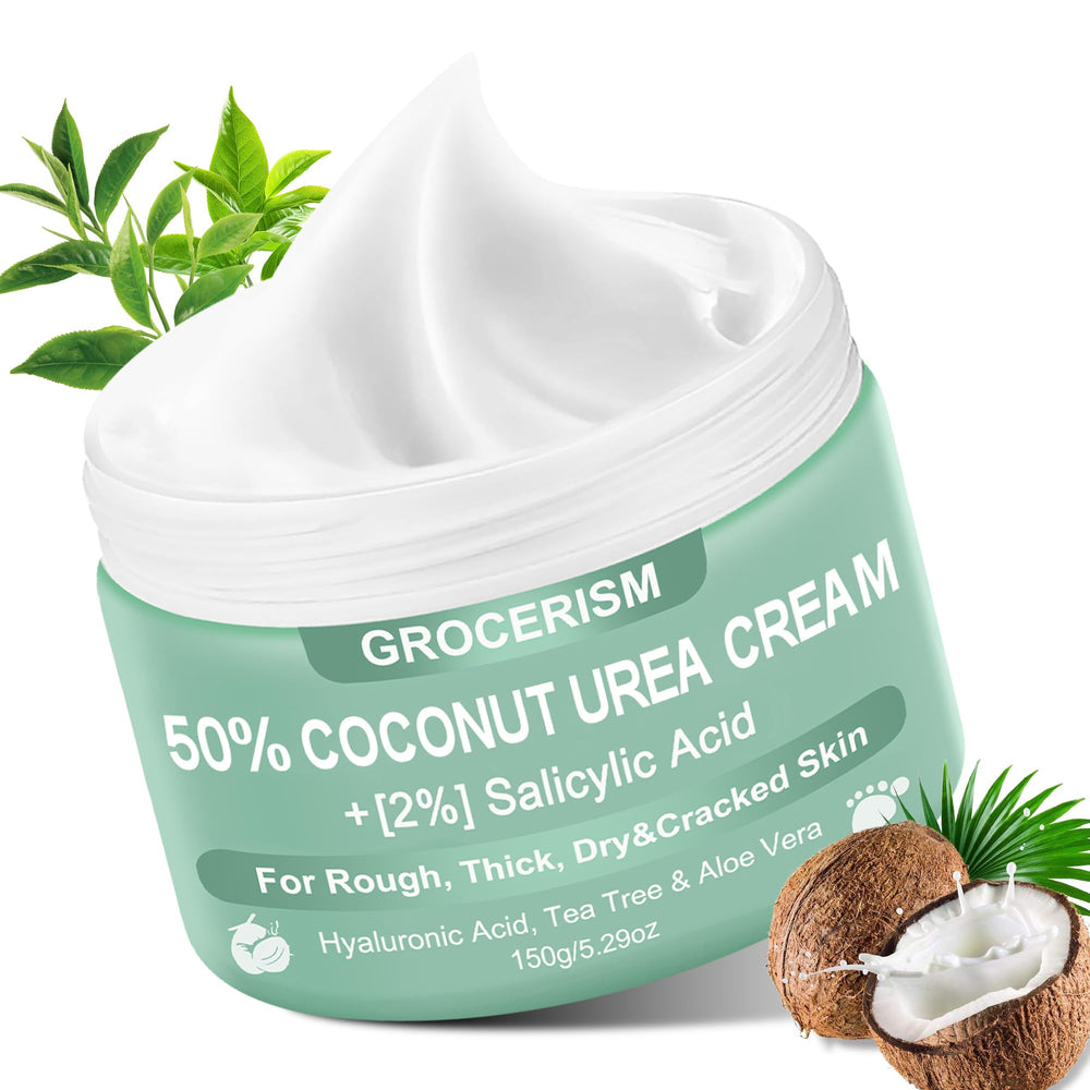 Grocerism Crema de Urea 50% con Coco en pies, hidratación profunda.