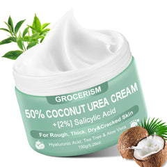 Grocerism Crema de Urea 50% con Coco en pies, hidratación profunda.
