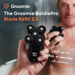 Groomie BaldiePro blade refill 2.0 close-up, durable blades designed for many shaves.