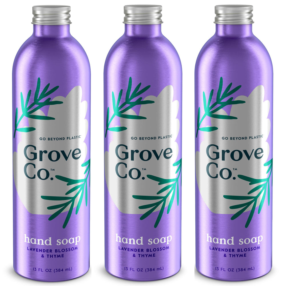 Grove Co. recargas de jabón gel hidratante en tres botellas para uso continuo.