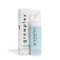 Growplex Vitafoam 5% Minoxidil foam bottle delivering precise thinning-area application.